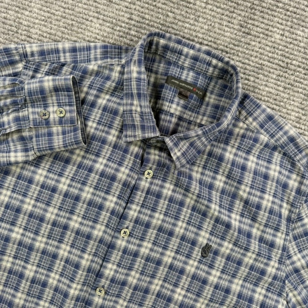 John Varvatos USA Mens XL Blue Grey Plaid Peace Sign Button Up Shirt Long Sleeve